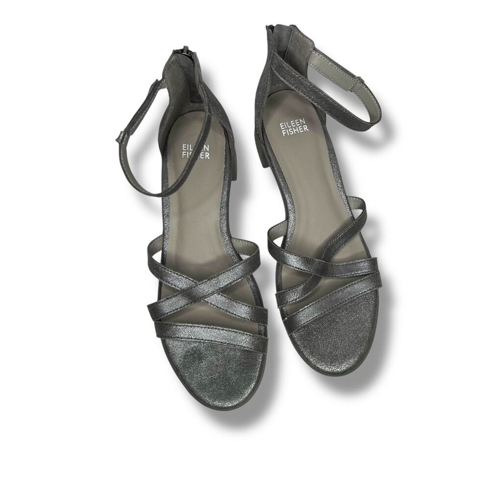 NWOT Eileen Fisher Noni Sandals Ankle Strap Silver Leather Block Heel Size 8 - Picture 2 of 7
